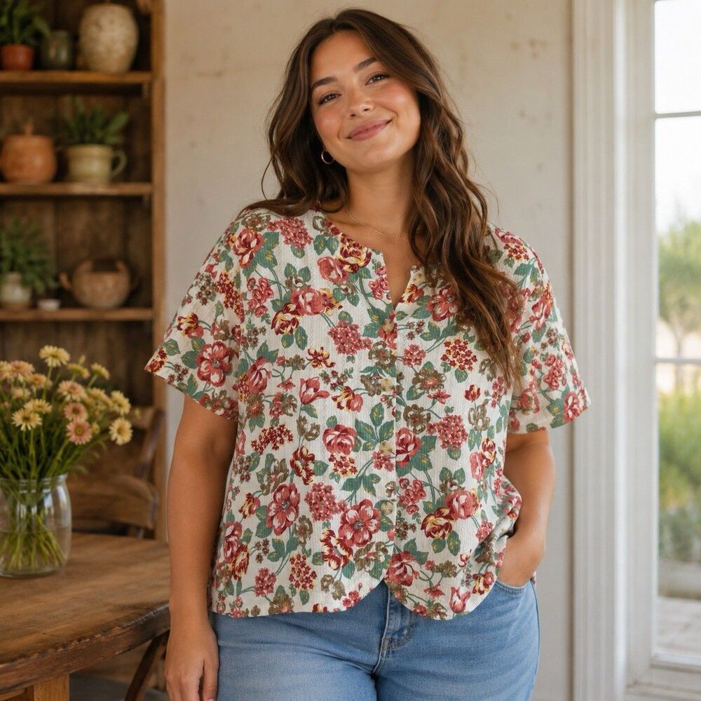 Vintage YS Studio Floral Blouse Womens Cottagecore Button Front Textured Top 2X